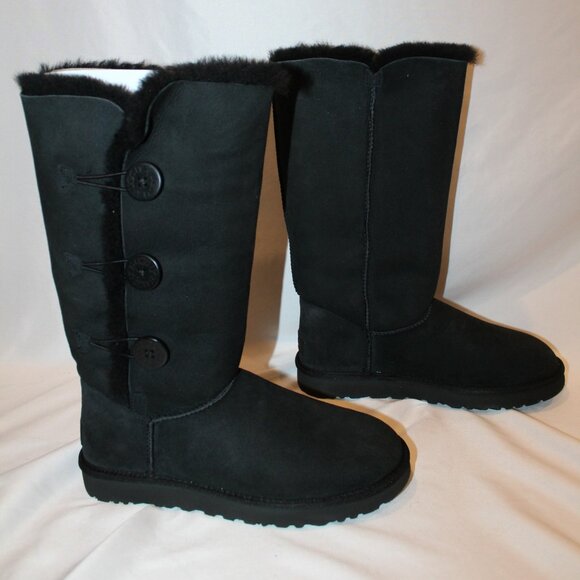 NEW UGG BAILEY BUTTON WATER RESISTANT TALL SUEDE SHEARLING‎ LINED BOOTS BLACK - Picture 1 of 7